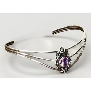 Signed Prairie Fire Sterling Silver 925 Amethyst Southwest Flower Cuff Bracelet